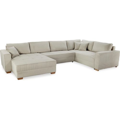 Wohnlandschaft - Beige - Cord - mit Ausziehfunktion und Bettkasten