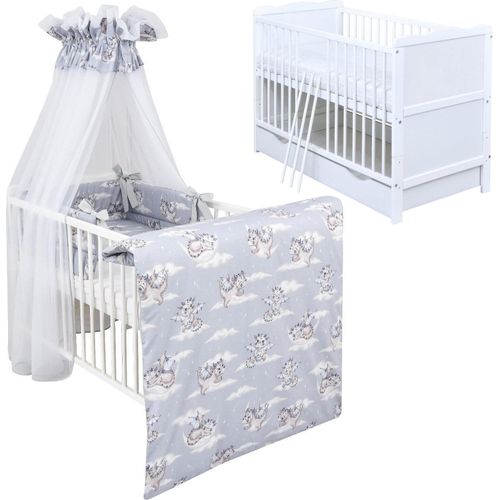 Baby-Delux Babybett Kinderbett Juniorbett Jack 140×70 Weiß inkl. Schublade Bettset Komplett Drache Grau Schaumstoffmatratze