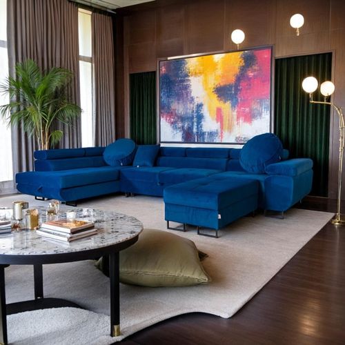 Ecksofa Aller Lang XL Eckcouch mit Schlaffunktion und Bettkasten in Blau, Ecksofa mit Hocker, Ottomane links.
