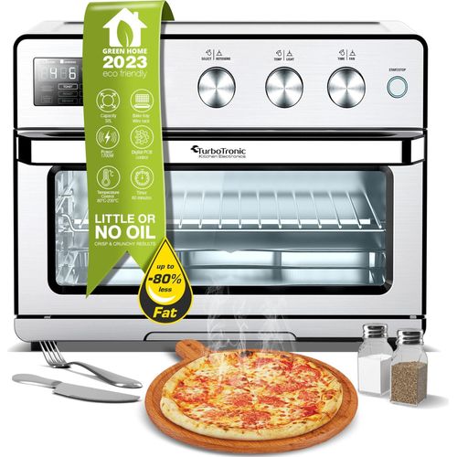 TurboTronic digitaler Heißluftofen - XXL 32 Liter mit Drehspieß für Hähnchen 5 in1 Mini Backofen, Dörrer & Power Heißluftfritteuse Airfryer ab 25°C