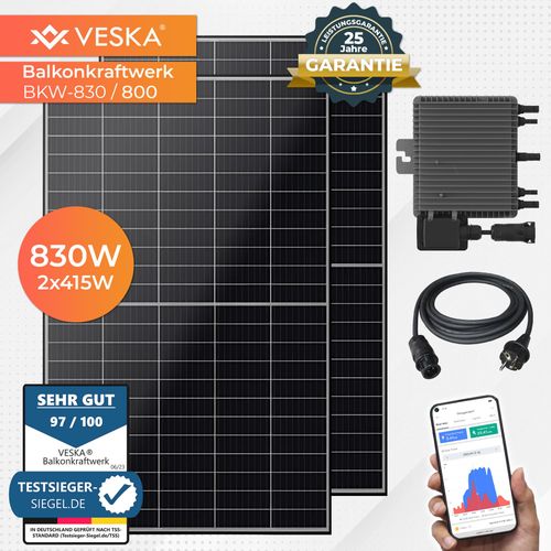 Balkonkraftwerk 830 W / 800 W Photovoltaik Solaranlage Steckerfertig WIFI Smarte Mini-PV Anlage 800 Watt genehmigungsfrei, Schwarz