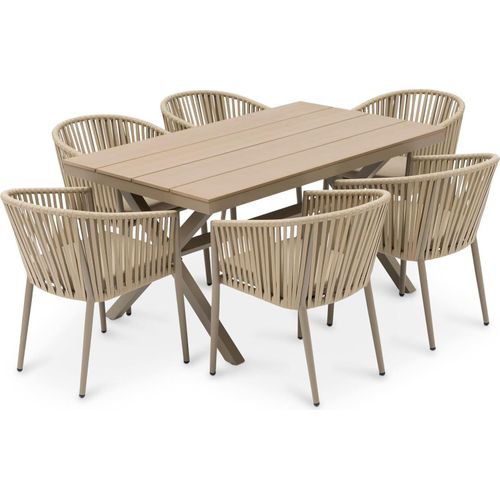 Gartenmöbelset ISOLA mit Tisch und 6 Stühlen, inkl. Sitzkissen, Tisch und Stühle aus Alu, bespannt mit Rope, Tischplatte aus WPC in Holzoptik natur, Terassenmöbel.