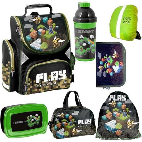 7er Set Schulranzen Ranzen Tornister Schulrucksack Federmappe Turnbeutel Turnsack Brotdose Trinkflasche Sporttasche Regenschutz Game Pixel Motiv ab 1 Klasse