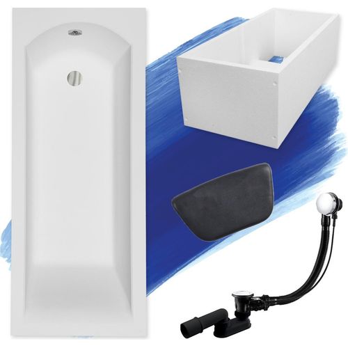 Badewanne Rechteck Set 5in1 150x70 mit Premium Ablaufgarnitur und Füßen GRATIS + Wannenträger + Kopfstütze in Schwarz | BADLAND SHEA