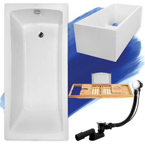 Badewanne Rechteck Set 5in1 150x70 mit Premium Ablaufgarnitur und Füßen GRATIS + Wannenträger + Bambus Holzablage | BADLAND OPTIMAZ