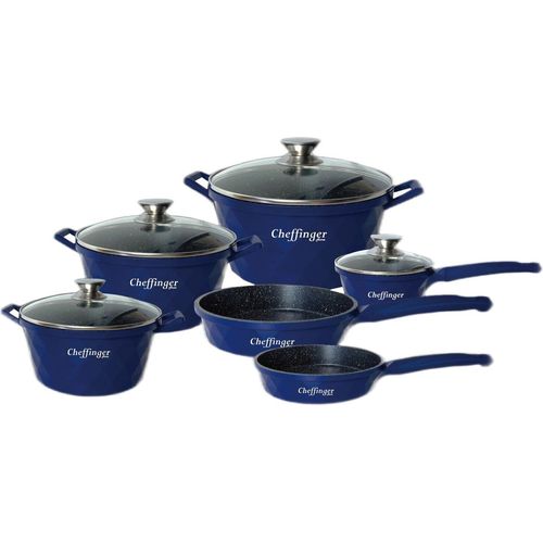 12-Teilig Kochtopf Set Induktion Kochtöpfe Diamant Topf Induktion Alu Guss Töpfe Deckel Handschuhe Blau
