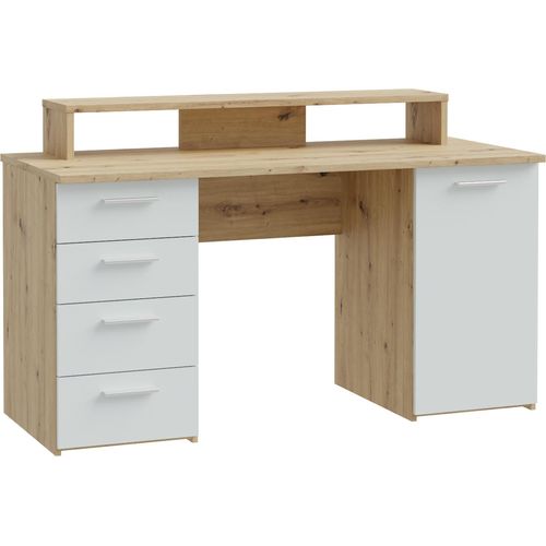 Schreibtisch - 145 x 60 cm - Artisan Eiche Nachbildung - Hellgrau matt - 1 Tür - 4 Schubladen