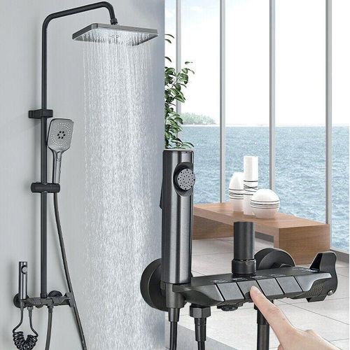 Schwarz Duschset mit 4 Tasten Duschsystem Regenbrause, Duscharmatur mit Sprühstrahl und Handbrause