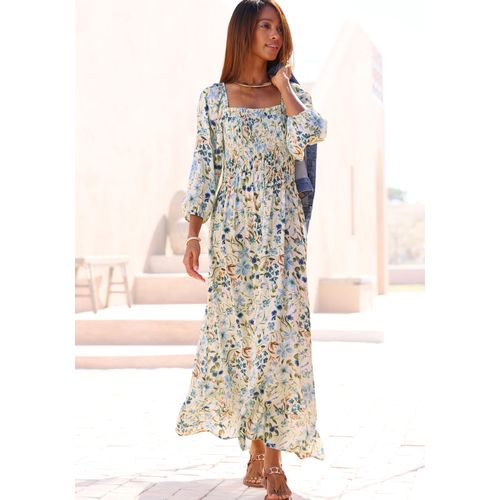 Maxikleid BUFFALO, Damen, Gr. 38, N-Gr, blau (creme, blau bedruckt), Web, Obermaterial: 100% Viskose, bedruckt, modisch, figurumspielend lang, eckiger Ausschnitt, 3/4-Ärmel mit Gummizug, Kleider