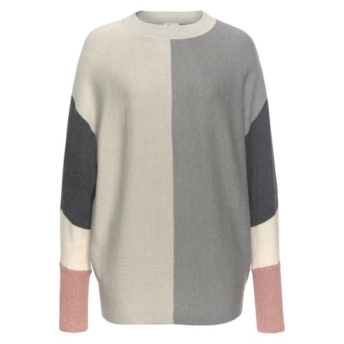 Rundhalspullover BOYSEN'S, Damen, Gr. 48/50, grau (wollweiß, grau, altrosa), Strick, Obermaterial: 50% Baumwolle, 50% Polyacryl, colorblocking, casual, weit hüftlang, Rundhals, Langarm Rippstrickbündchen, Pullover Rundhalspullover Pullover, mit modischem Pastel-Colorblocking