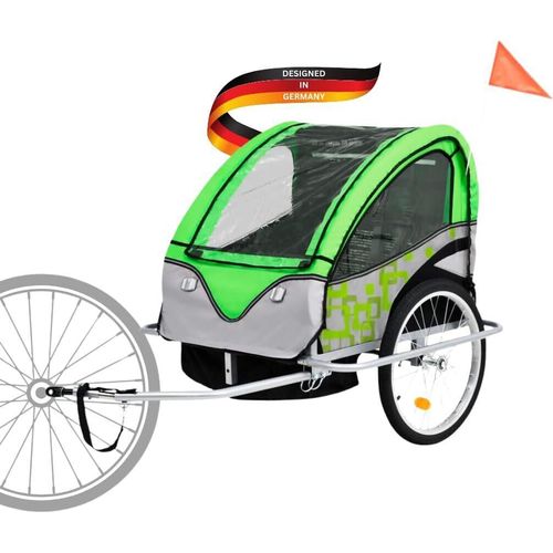 DELUKE® Fahrradanhänger für 2 Kinder ELITE grün/grau | 40kg belastbar | inkl. Sicherheitsgurte & Seitenfenster | Kinderanhänger für Fahrrad Kinderwagen am Fahrrad