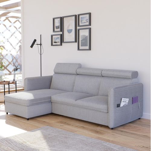 Ecksofa Beni mit Schlaffunktion Sofa mit Relaxfunktion und Kopfstützen Couch Sofa mit Schlaffunktion und Bettkasten Schlafsofa Polsterecke Couchgarnitur Ecke Bettcouch - Universal Farbe: Poso 110