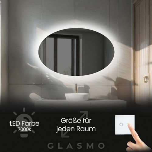Spiegel mit Beleuchtung 100x70 cm Mila - Horizontal Oval Badezimmerspiegel mit LED Beleuchtung - Kaltweiß 7000K - LED Badspiegel Lichtspiegel