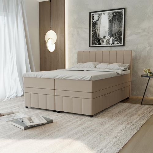 Boxspringbett Doppelbett 140x200, Dunkelbeige, AVALON, mit Bettkästen, mit Matratze, mit Topper, Panda Möbel