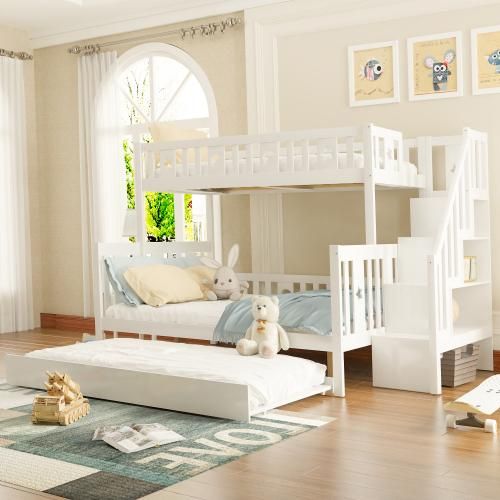 Kinderbett 90x200/140x200cm Etagenbett aus Massivholz mit Sicherheitstreppe Rollbett und Lattenrost Ohne Matratze Weiß