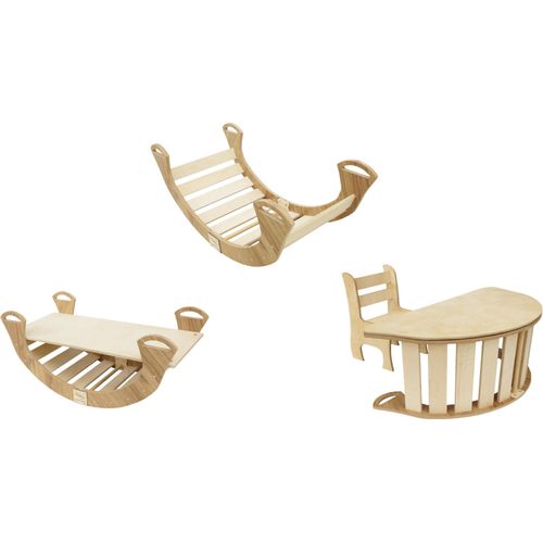 Skyline Set 5w1 Holz Kletterbogen, Klettergerüste, Wippe, Holzbogen für Kinder Montessori Tisch mit Stuhl und Rutsche, mod.B, 85x42x36cm, Eichenimitat