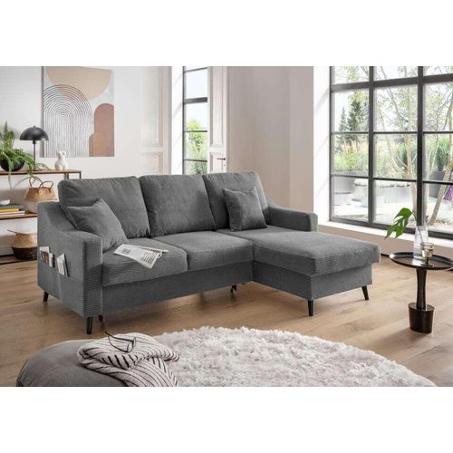 Sofa Valentina von Benformato: Breitcord-Sofa mit Schlaffunktion, Bettkasten und Flexibler Recamiere – Grau - Ausrichtung: vorstehend rechts