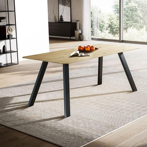 Esstisch 200x100cm mit runder Kante, Wildeiche massiv geölt, Metallfußgestell, TISDALE-69