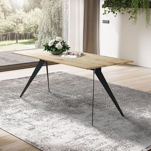 Esstisch 200x100cm mit abgerundeter Kante, Wildeiche massiv geölt, Metallfußgestell, TISDALE-69