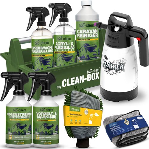 bio-chem Caravan & WoMo Außenpflege Premium Set 9-teilig - Profi Außenreiniger & Pflegemittel für GFK, Acrylglas, Alu & Kunststoff an Wohnmobil, Wohnwagen - Inkl. Schaumkanone, Tuch & Handschuh