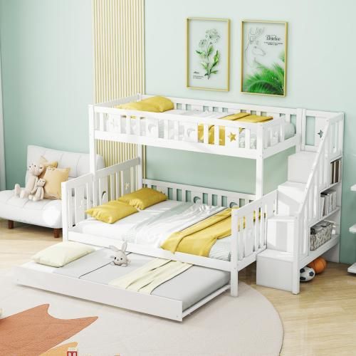 Weiß Kinderbett 90x200/140x200cm Etagenbett aus Massivholz mit Sicherheitstreppe Rollbett und Lattenrost Ohne Matratze