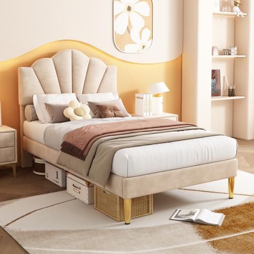 Beige Samt Polsterbett 90x200 cm muschelartiges Bett mit goldenen Eisenbeinen höhenverstellbares Kopfteil Holzlattenrost Ohne Matratze