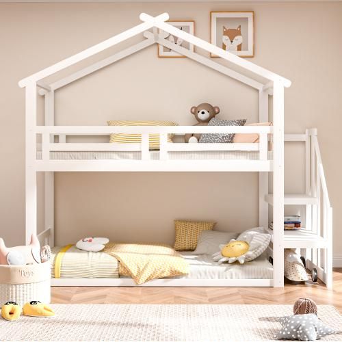 Weiß Kinderbett 90x200cm Niedriges Etagenbett mit Sicherheitstreppe Etagen Bettgestell aus Massivholz mit Lattenrost Ohne Matratze