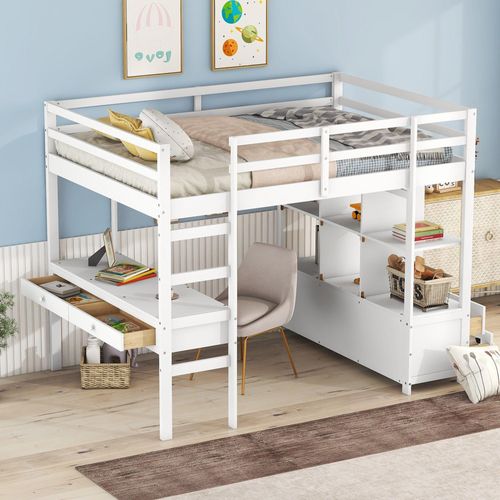 Weiß 140 x 200 Kinderhochbett mit Stauraumschubladen und Unterbettschreibtisch Ohne Matratze Hohe Kapazität