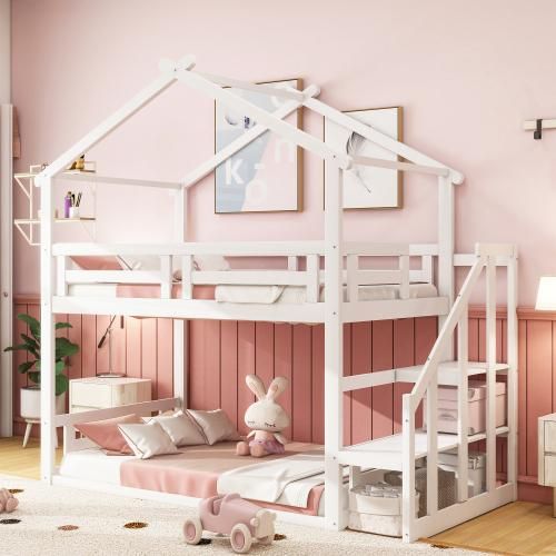 Kinderbett 90*200cm Niedriges Etagenbett mit Sicherheitstreppe Etagenbettgestell aus Massivholz mit Lattenrost Weiß Ohne Matratze