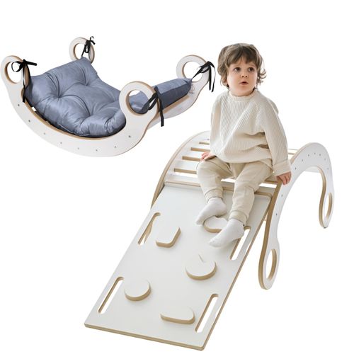 Montessori Rocker Kletterbogen mit rutsche Kinder Baby Regenbogenwippe Bogenwippe weichem hellgrauen Kissen Rutsche Kletterwand Gleichgewichtst XL