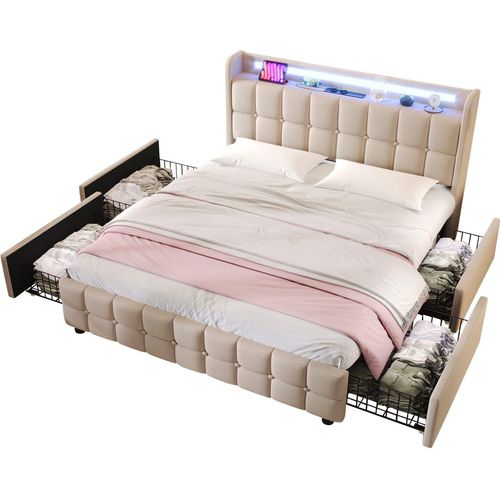Beige Polsterbett mit aufladen USB Ladefunktion Kopfteil und LED-Beleuchtung und 4 Schubladen 180x200cm Stauraumbetten Bettgestell Ohne Matratze