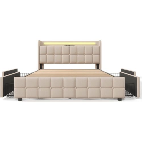 Beige Polsterbett mit aufladen USB Ladefunktion Kopfteil und LED-Beleuchtung und 4 Schubladen Doppelbett 160x200cm Stauraumbetten Ohne Matratze