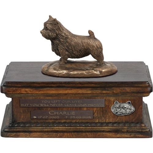 Norwich Terrier urne in Hundeasche, personalisierte Urne mit Statue, Holzurne mit Hund von Art-Dog