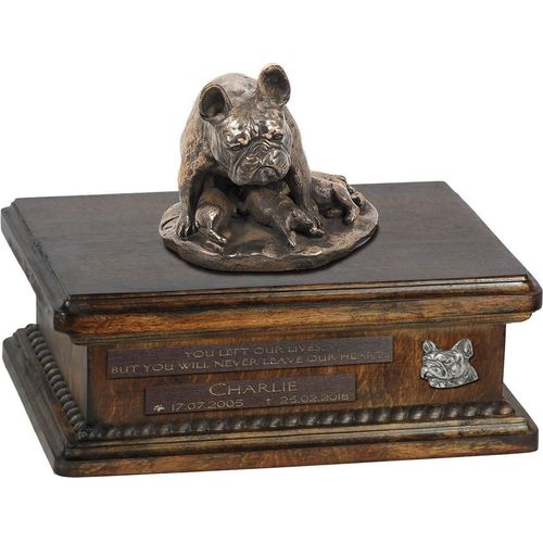 Französische Bulldogge III urne in Hundeasche, personalisierte Urne mit Statue, Holzurne mit Hund von Art-Dog