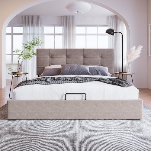Hellgrau Hydraulisch Einzelbett Samt Polsterbett 140x200cm Verstellbares Kopfteil Bett mit Lattenrost aus Metallrahmen Bettgestell (Mit Matratze)