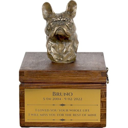 Französische Bulldogge - Eine Ascheurne für Hunde mit einer Statuette, eine kleine Urne für Hunde, eine personalisierte Urne mit dem Porträt eines Hundes von der Marke Art-Dog.