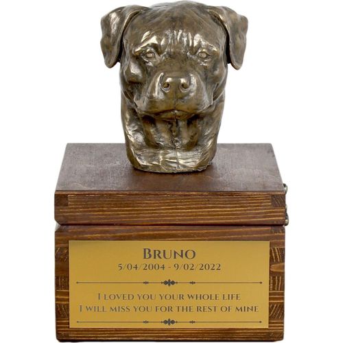 Rottweiler - Eine Ascheurne für Hunde mit einer Statuette, eine kleine Urne für Hunde, eine personalisierte Urne mit dem Porträt eines Hundes von der Marke Art-Dog.