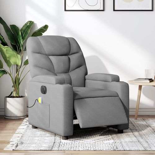 Hellgrauer, elektrisch verstellbarer Massagesessel, 74 x 89 x 100 cm, Stoff, mit Getränkehalter und Seitentaschen