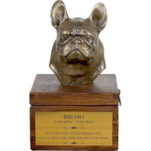 Französische Bulldogge I - Eine Ascheurne für Hunde mit einer Statuette, eine kleine Urne für Hunde, eine personalisierte Urne mit dem Porträt eines Hundes von der Marke Art-Dog.