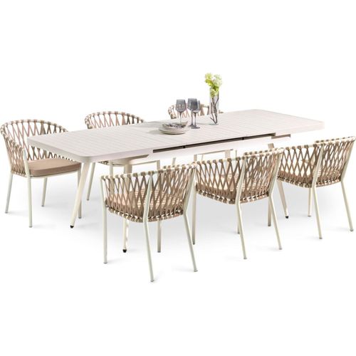 Set SUNNY mit 1 ausziehbaren Esstisch und 6 Stühlen, Esstisch Gestell aus Alu in weiß, Seilbespannung der Stühle in champagner, Essgruppe inkl. Sitzkissen, Terassenmöbel.