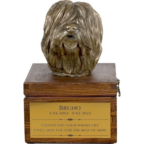 Polnischer Niederungshütehund, PON - Eine Ascheurne für Hunde mit einer Statuette, eine kleine Urne für Hunde, eine personalisierte Urne mit dem Porträt eines Hundes von der Marke Art-Dog.