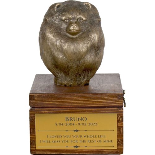 Pomeranian, Pommer, Pommerlo, Zwergspitz - Eine Ascheurne für Hunde mit einer Statuette, eine kleine Urne für Hunde, eine personalisierte Urne mit dem Porträt eines Hundes von der Marke Art-Dog.