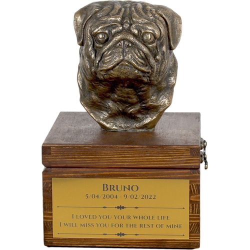 Mops, Pug, Carlin, Carlino, Doguillo - Eine Ascheurne für Hunde mit einer Statuette, eine kleine Urne für Hunde, eine personalisierte Urne mit dem Porträt eines Hundes von der Marke Art-Dog.