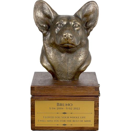 Pembroke Welsh Corgi - Eine Ascheurne für Hunde mit einer Statuette, eine kleine Urne für Hunde, eine personalisierte Urne mit dem Porträt eines Hundes von der Marke Art-Dog.