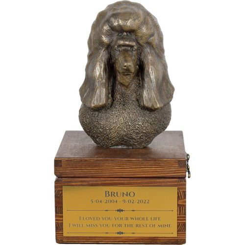 Pudel - Eine Ascheurne für Hunde mit einer Statuette, eine kleine Urne für Hunde, eine personalisierte Urne mit dem Porträt eines Hundes von der Marke Art-Dog.