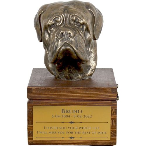 Bordeauxdogge, Dogue de Bordeaux - Eine Ascheurne für Hunde mit einer Statuette, eine kleine Urne für Hunde, eine personalisierte Urne mit dem Porträt eines Hundes von der Marke Art-Dog.