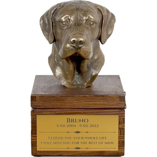 Labrador Retriever - Eine Ascheurne für Hunde mit einer Statuette, eine kleine Urne für Hunde, eine personalisierte Urne mit dem Porträt eines Hundes von der Marke Art-Dog.