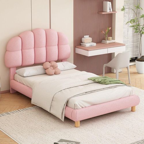 Einzelbett Kinderbett 90x200cm Jugendbett (Ohne Matratze)Polsterbett Holzlattenrost Kreis Vlies Rosa