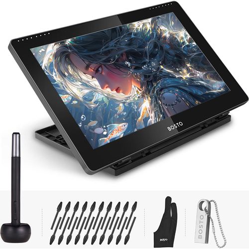 BOSTO 16HD 15,6 Zoll IPS Grafik-Zeichentablett-Display-Monitor 1920 x 1080, hohe Aufloesung, 16 K Druckstufe mit wiederaufladbarem Stylus-Stift, 20 Stiftspitzen, 16 GB USB-Festplatte, Handschuh, Reinigungstuch, verstellbarer Staender
