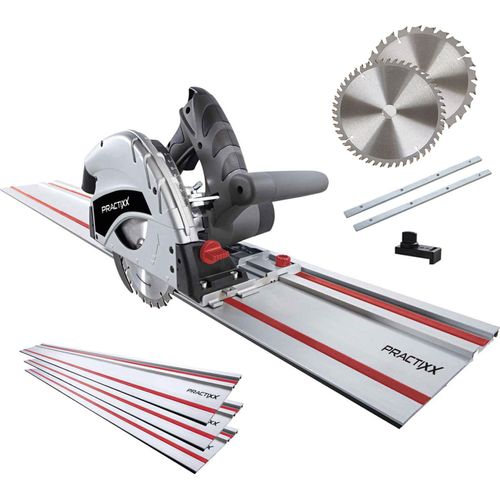 Practixx Tauchsäge PX-TS-55 mit 3x 500mm Führungsschiene | inkl. 2.Sägeblatt 24Z + 48Z | 1200W | Schnitttiefe 55mm | Ø160mm | Schrägstellung 0 bis 45°